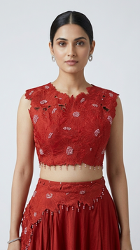 RED EMBELLISHED CUTWORK SKIRT SET