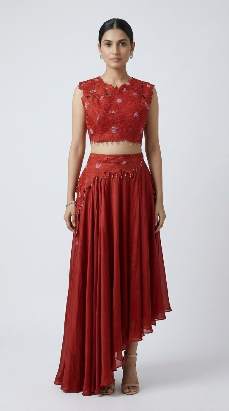 RED EMBELLISHED CUTWORK SKIRT SET