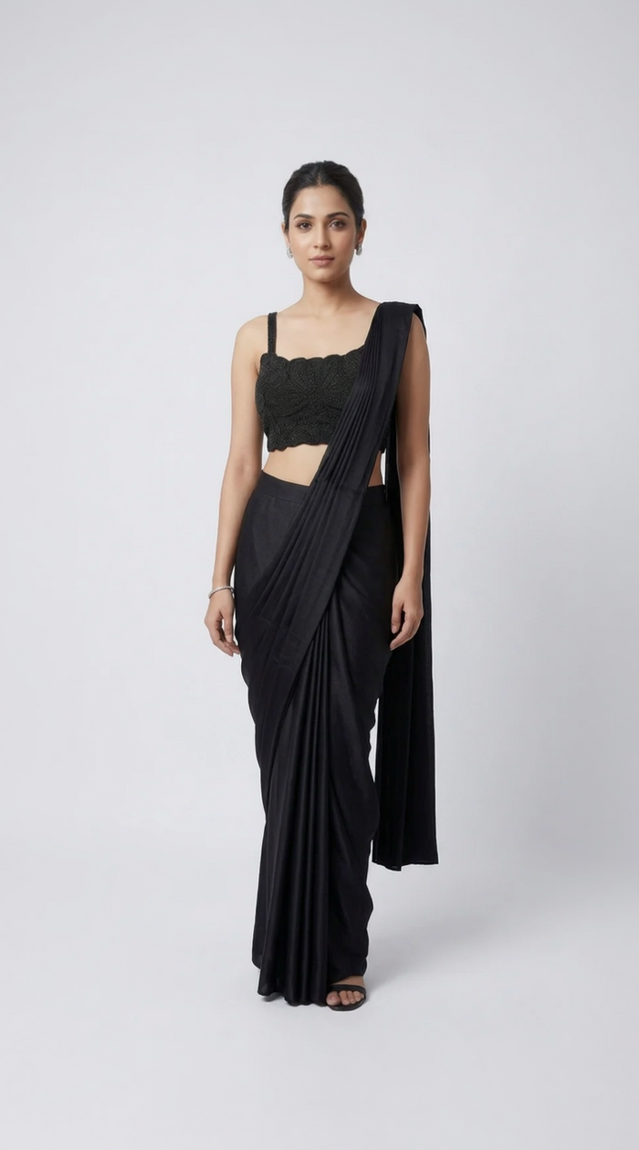 Woman wearing a black saree 