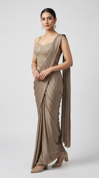 BEIGE READY TO WEAR CORSET SAREE