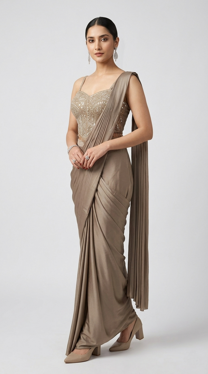 BEIGE READY TO WEAR CORSET SAREE