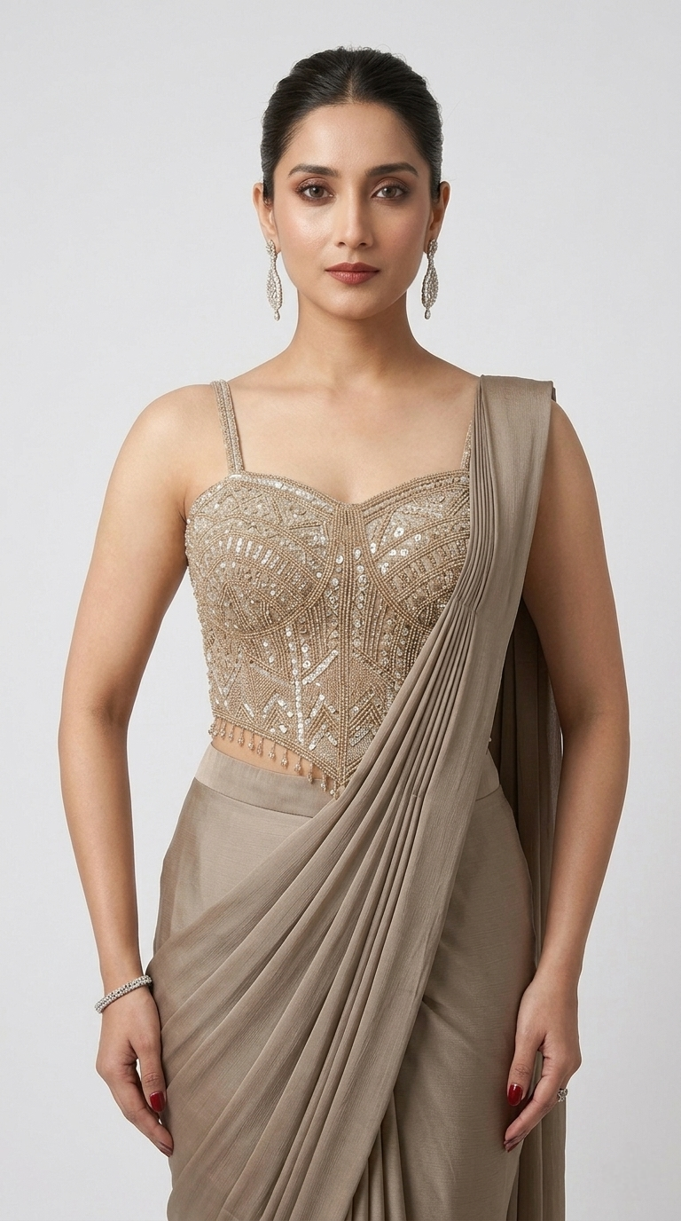 BEIGE READY TO WEAR CORSET SAREE