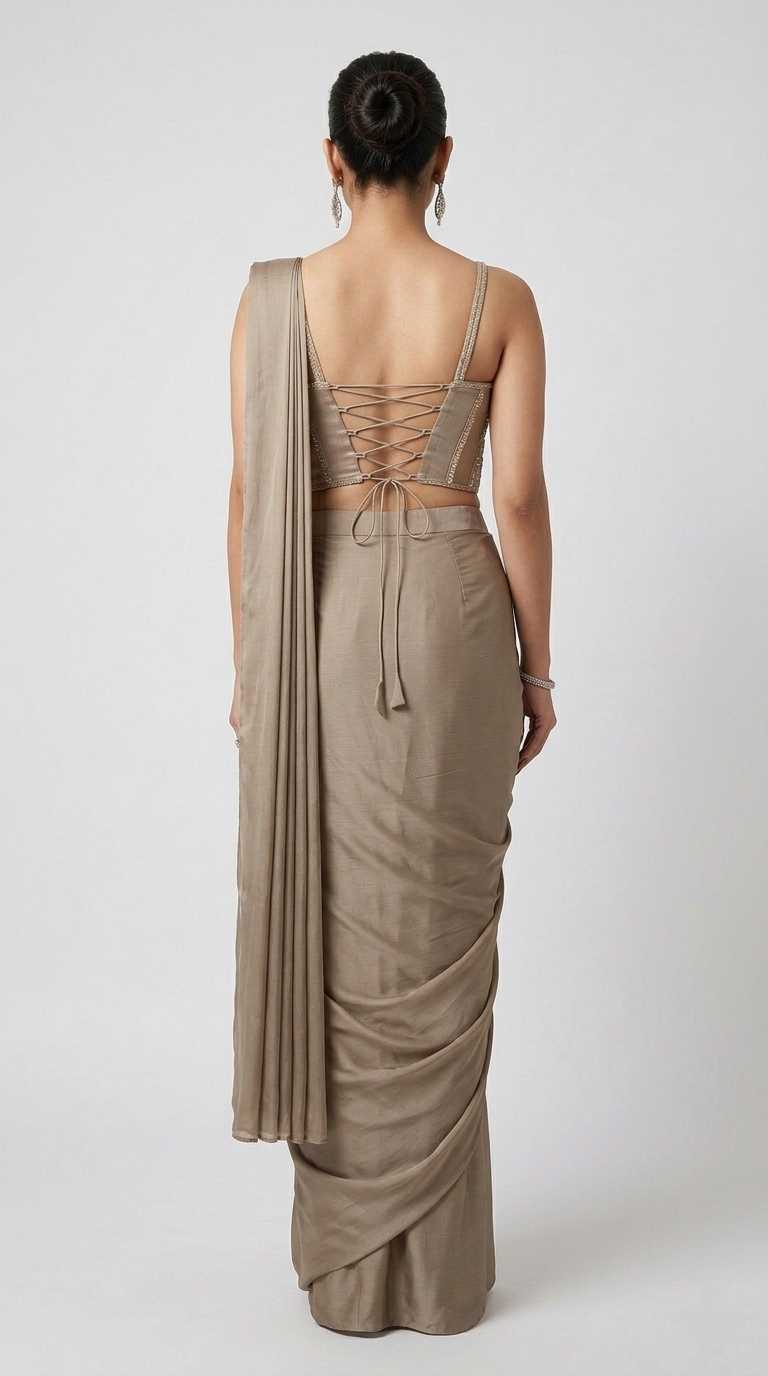 BEIGE READY TO WEAR CORSET SAREE