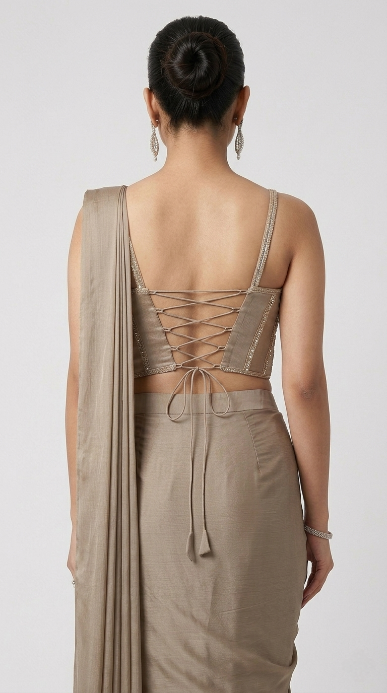 BEIGE READY TO WEAR CORSET SAREE