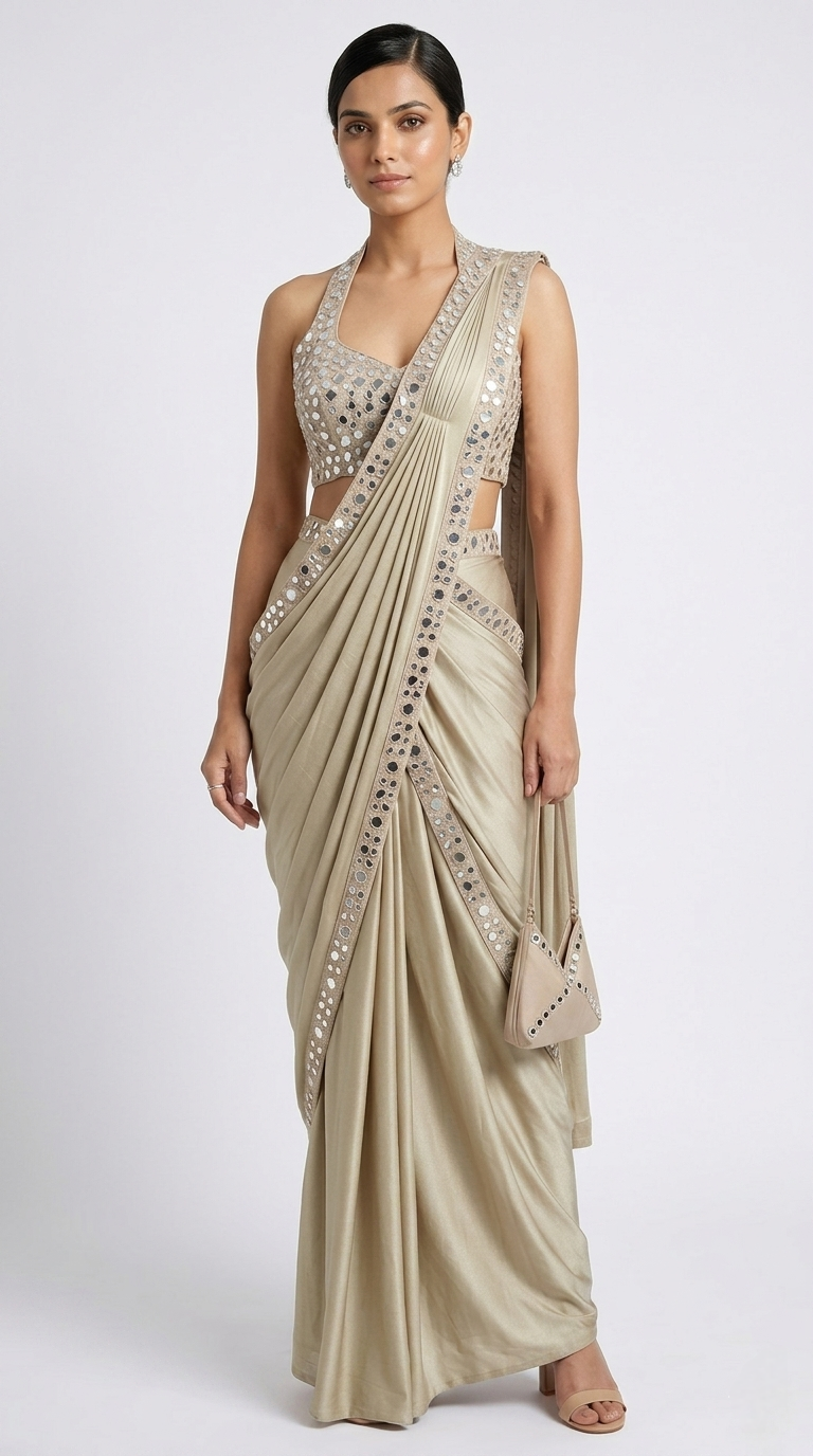 FAWN HALTER NECK MIRROR EMBROIDERED READY TO WEAR SAREE