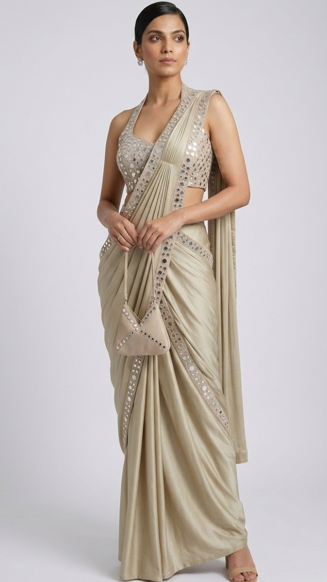 FAWN HALTER NECK MIRROR EMBROIDERED READY TO WEAR SAREE