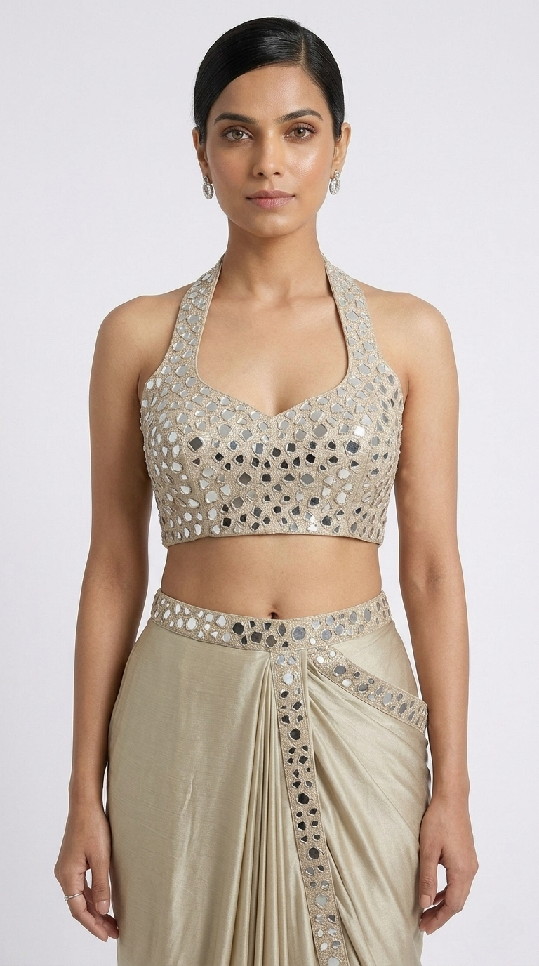 FAWN HALTER NECK MIRROR EMBROIDERED READY TO WEAR SAREE