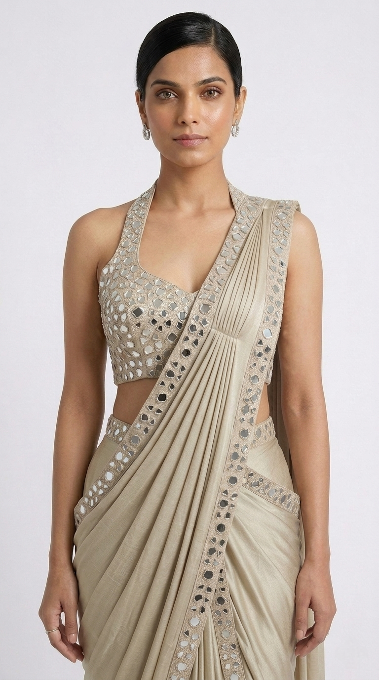 FAWN HALTER NECK MIRROR EMBROIDERED READY TO WEAR SAREE