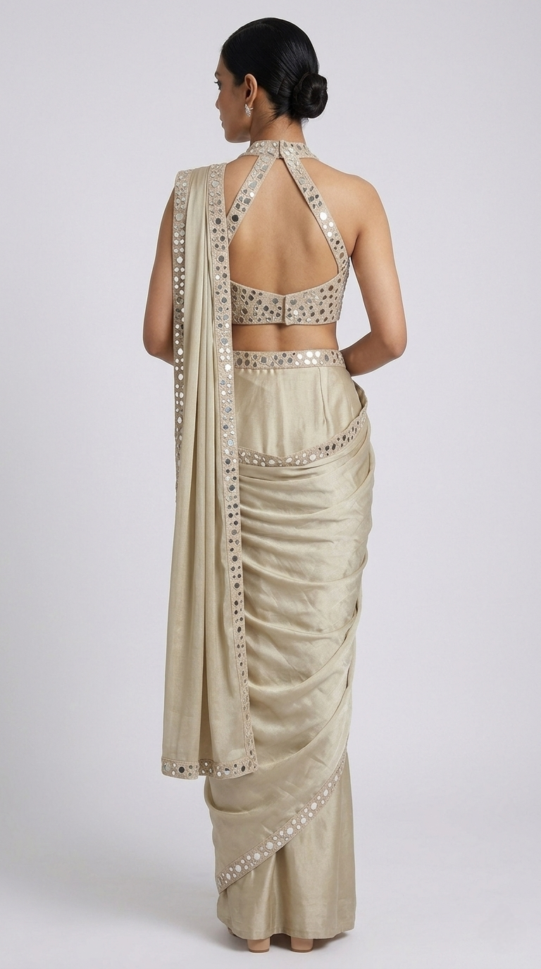 FAWN HALTER NECK MIRROR EMBROIDERED READY TO WEAR SAREE