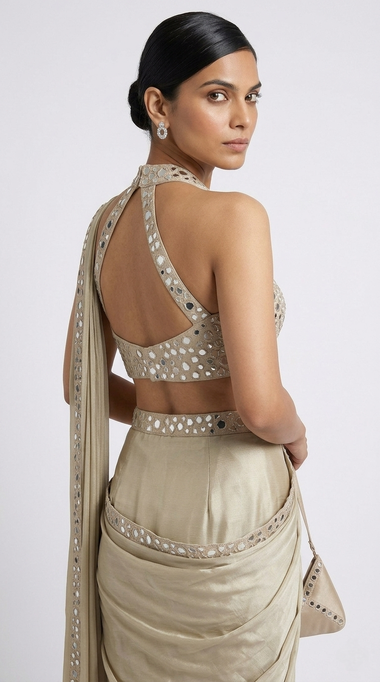 FAWN HALTER NECK MIRROR EMBROIDERED READY TO WEAR SAREE