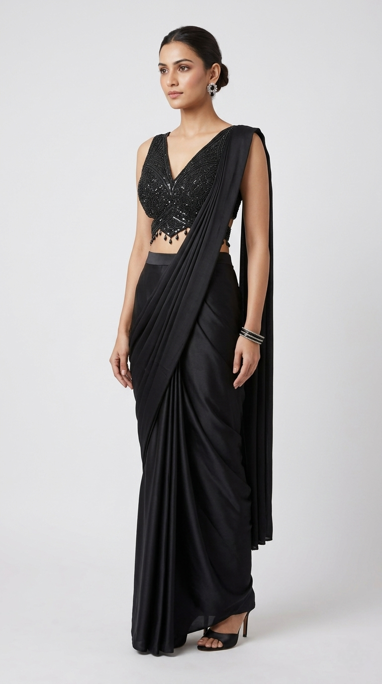 BLACK EMBELLISHED READY PLEATED SAREE