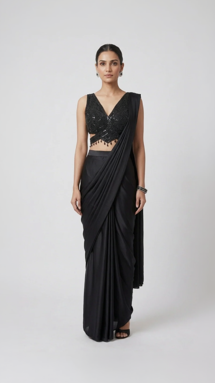 BLACK EMBELLISHED READY PLEATED SAREE