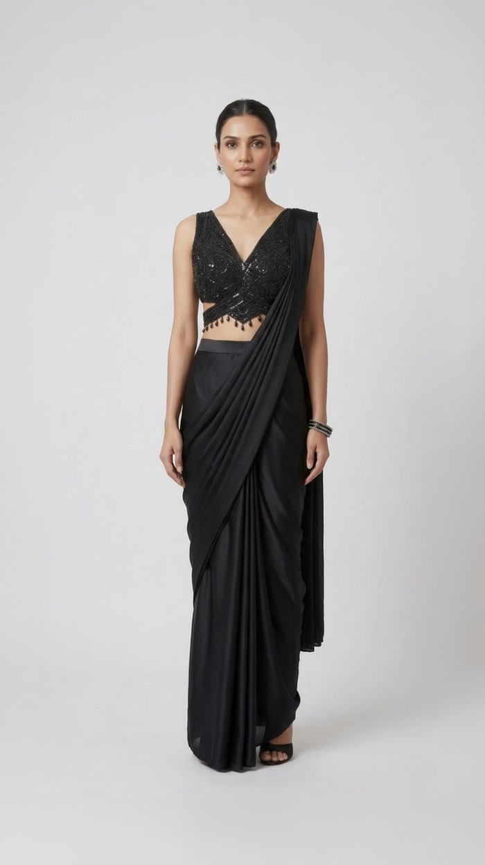 BLACK EMBELLISHED READY PLEATED SAREE