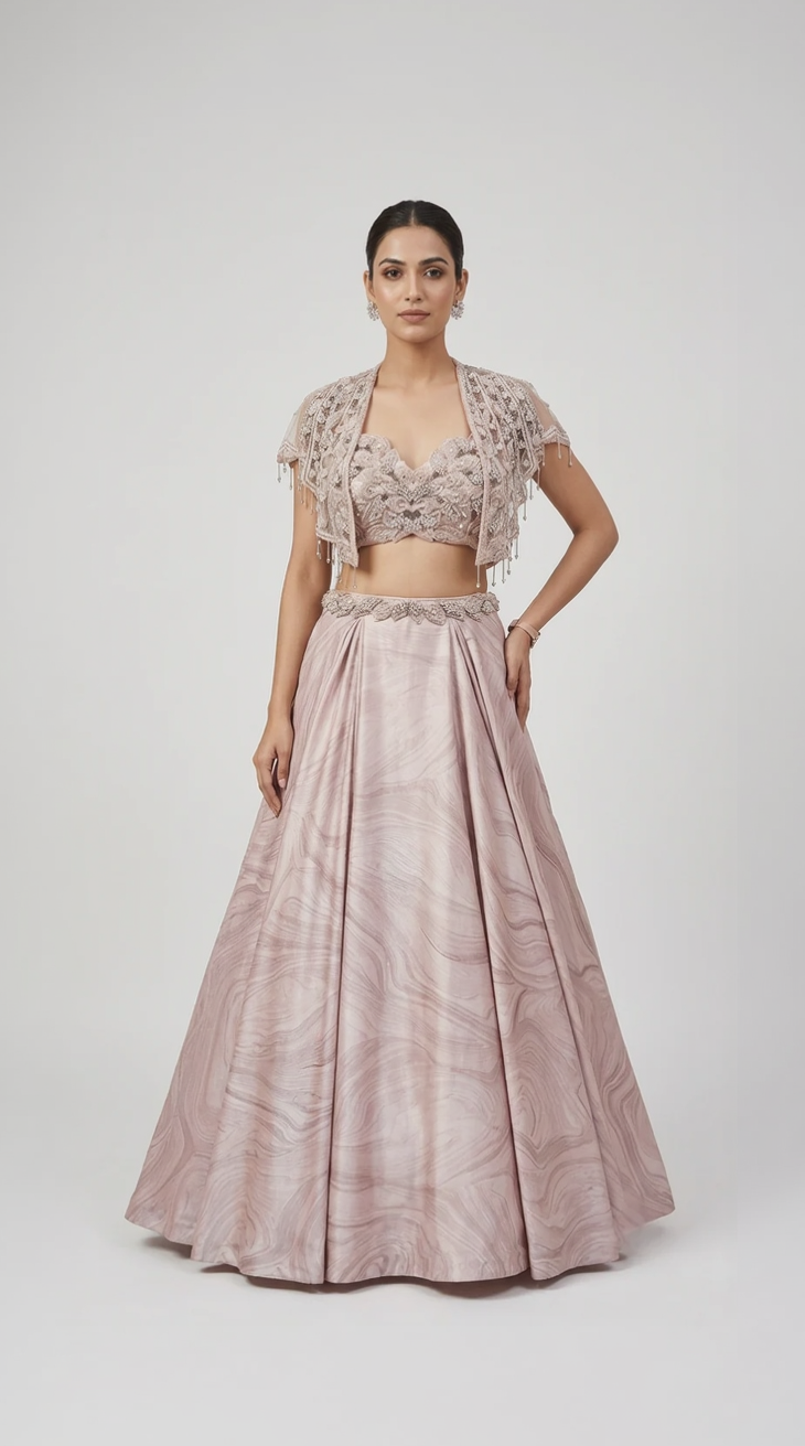 PEACH EMBROIDERED LEHENGA SET WITH SHORT CAPE