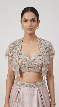 PEACH EMBROIDERED LEHENGA SET WITH SHORT CAPE