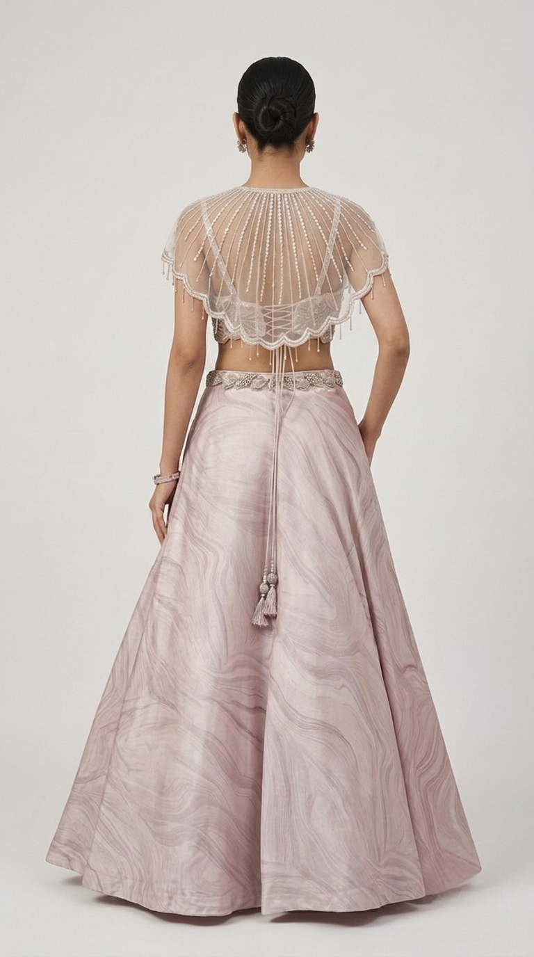 PEACH EMBROIDERED LEHENGA SET WITH SHORT CAPE