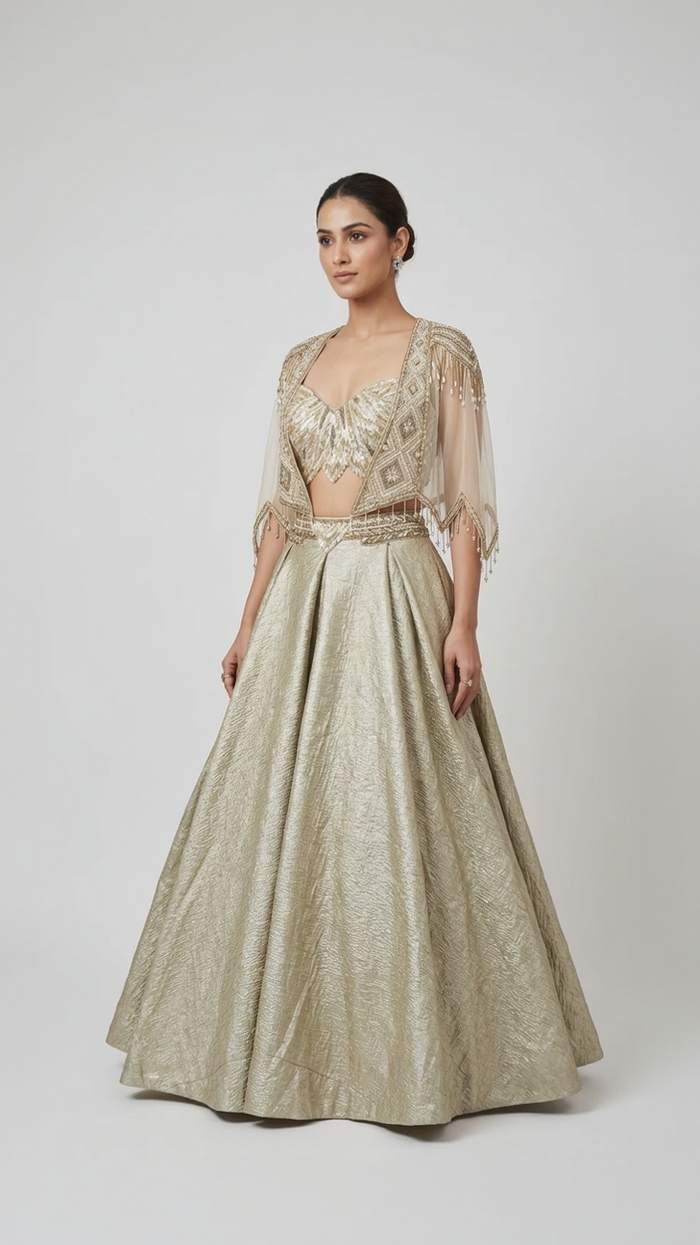 GOLD EMBROIDERED LEHENGA SET WITH SHORT CAPE