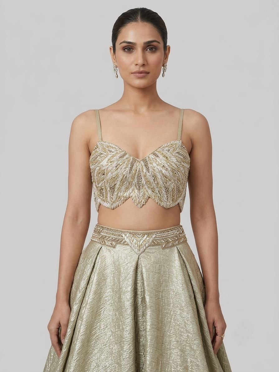 GOLD EMBROIDERED LEHENGA SET WITH SHORT CAPE