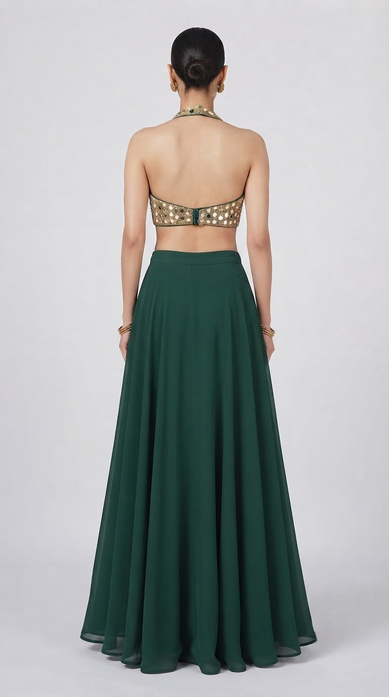 Back view of designer green lehenga with mirror work halter blouse, flared skirt and coordinated dupatta.