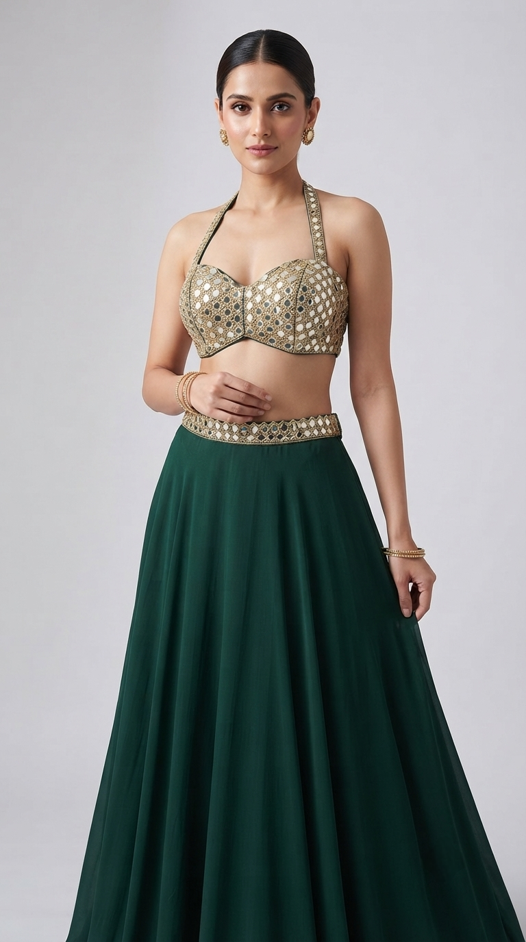 Elegant emerald green lehenga featuring a mirror embroidered halter blouse with matching dupatta and choker.
