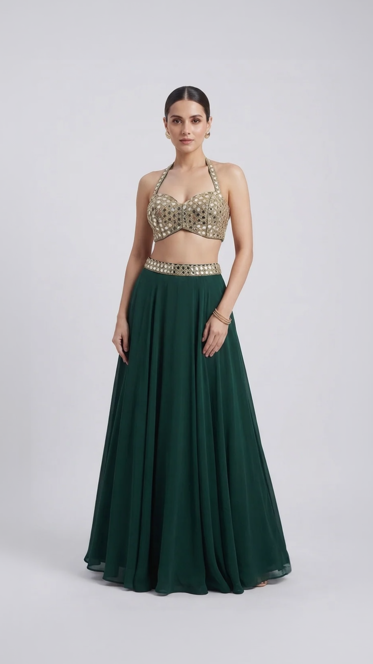 Women's emerald green lehenga set with mirror work halter blouse, flowing skirt, choker and matching dupatta. Designer emerald green lehenga with mirror work blouse, matching dupatta and choker for weddings and festivities.