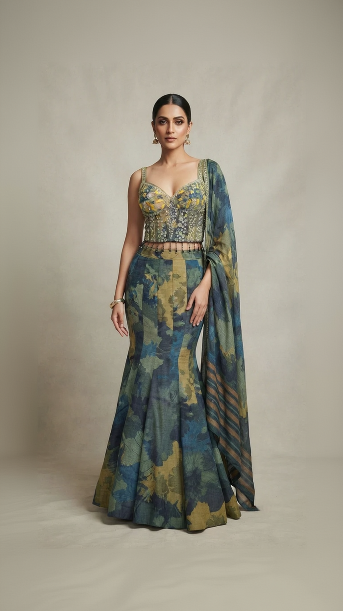 Women's blue printed fish cut lehenga set with embellished blouse and matching printed dupatta for festive occasions.