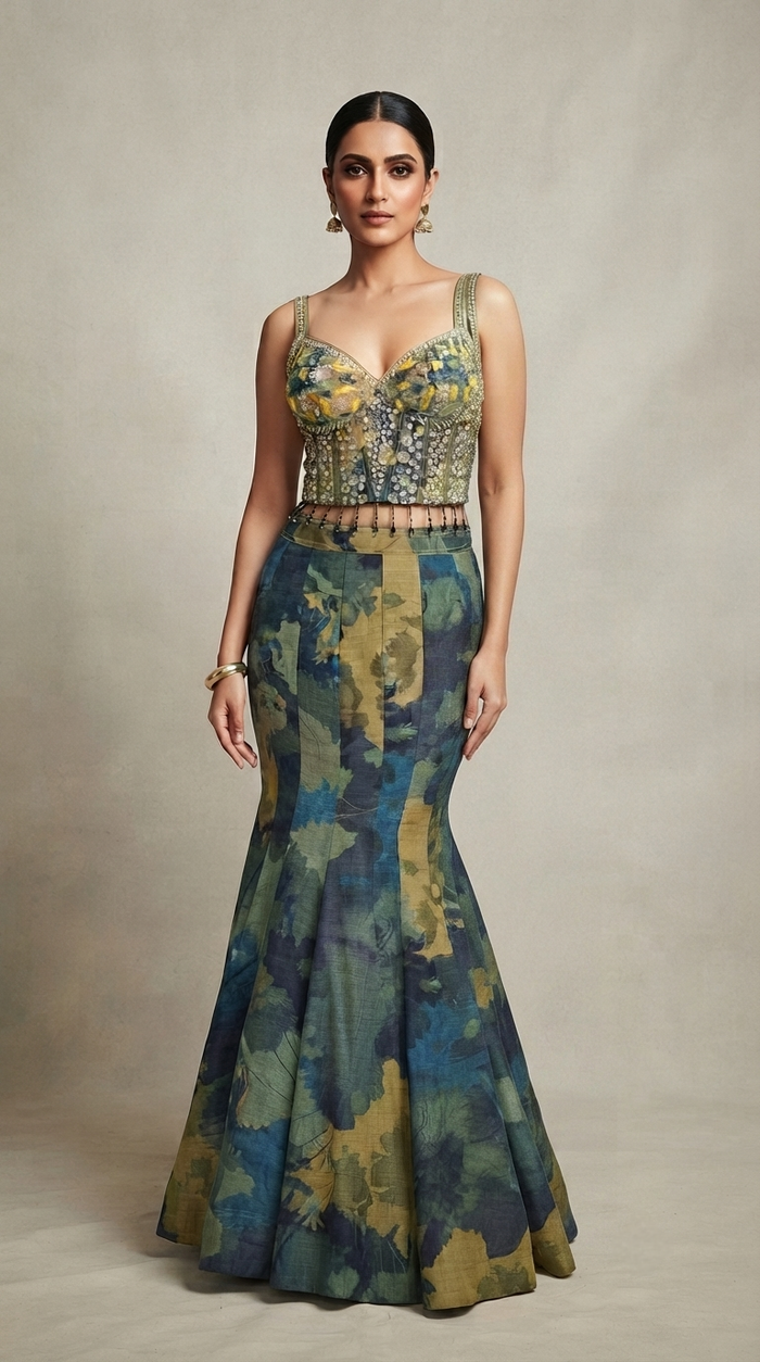 Elegant blue fish cut lehenga featuring a floral print, embellished blouse and coordinating printed dupatta.