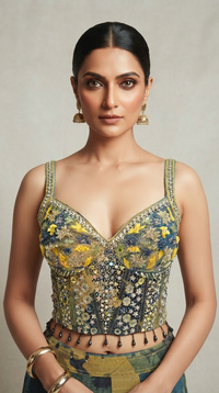 Close-up of embellished blouse with intricate mirror and sequin work paired with a blue printed fish cut lehenga.
