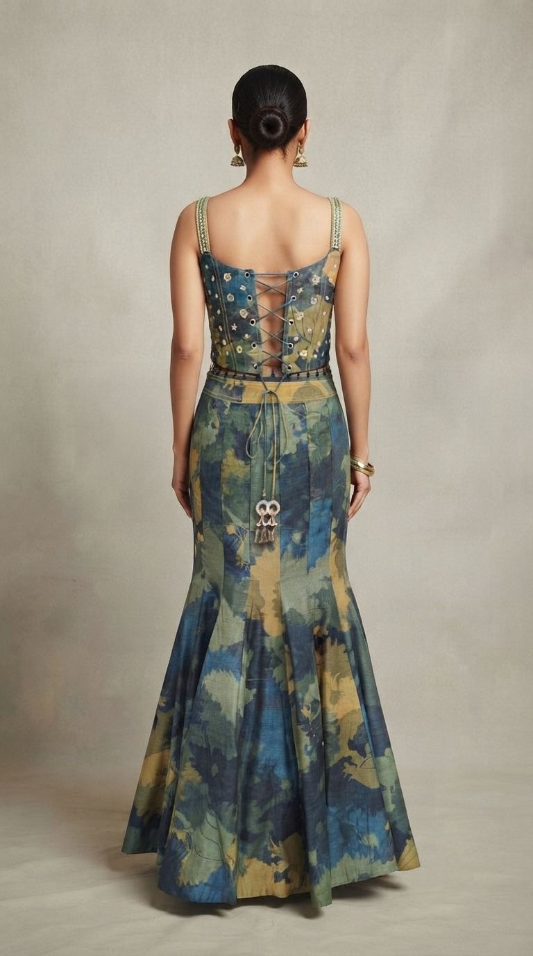 Back view of designer blue printed fish cut lehenga with embellished blouse and matching dupatta.