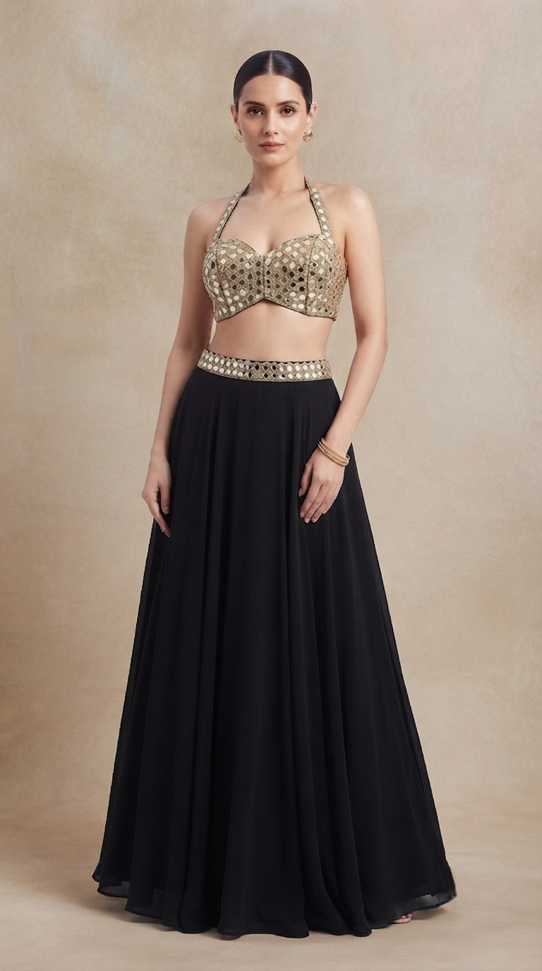 BLACK HALTER NECK MIRROR EMBROIDERED LEHENGA SET