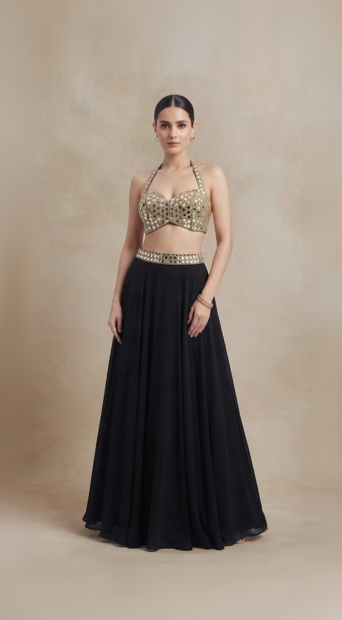 BLACK HALTER NECK MIRROR EMBROIDERED LEHENGA SET