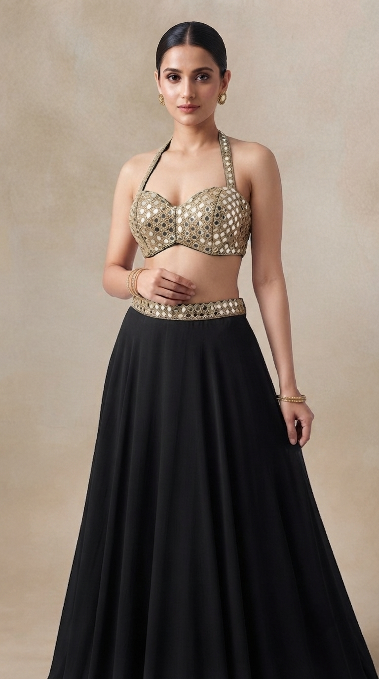 BLACK HALTER NECK MIRROR EMBROIDERED LEHENGA SET