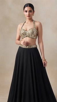 BLACK HALTER NECK MIRROR EMBROIDERED LEHENGA SET