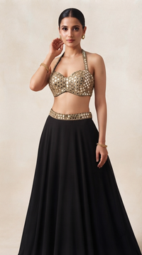 BLACK HALTER NECK MIRROR EMBROIDERED LEHENGA SET