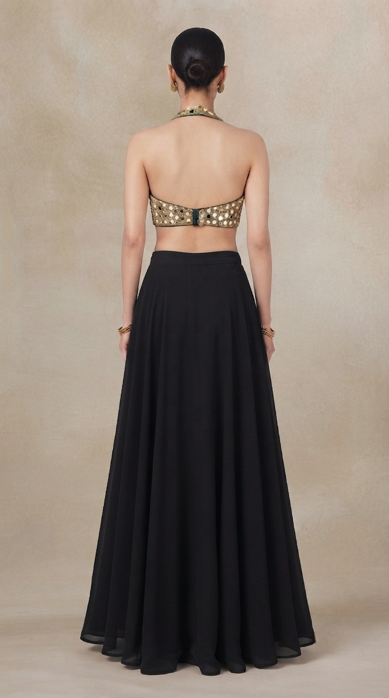 BLACK HALTER NECK MIRROR EMBROIDERED LEHENGA SET