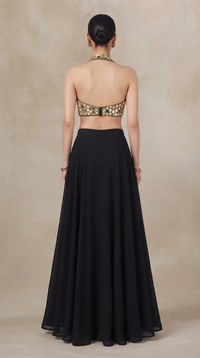 BLACK HALTER NECK MIRROR EMBROIDERED LEHENGA SET