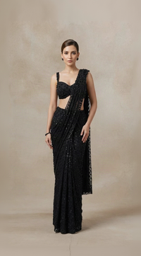 Black sequins embroidered cocktail pre-draped saree set with blouse