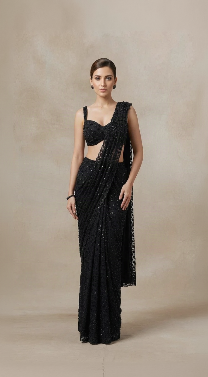 Black sequins embroidered cocktail pre-draped saree set with blouse