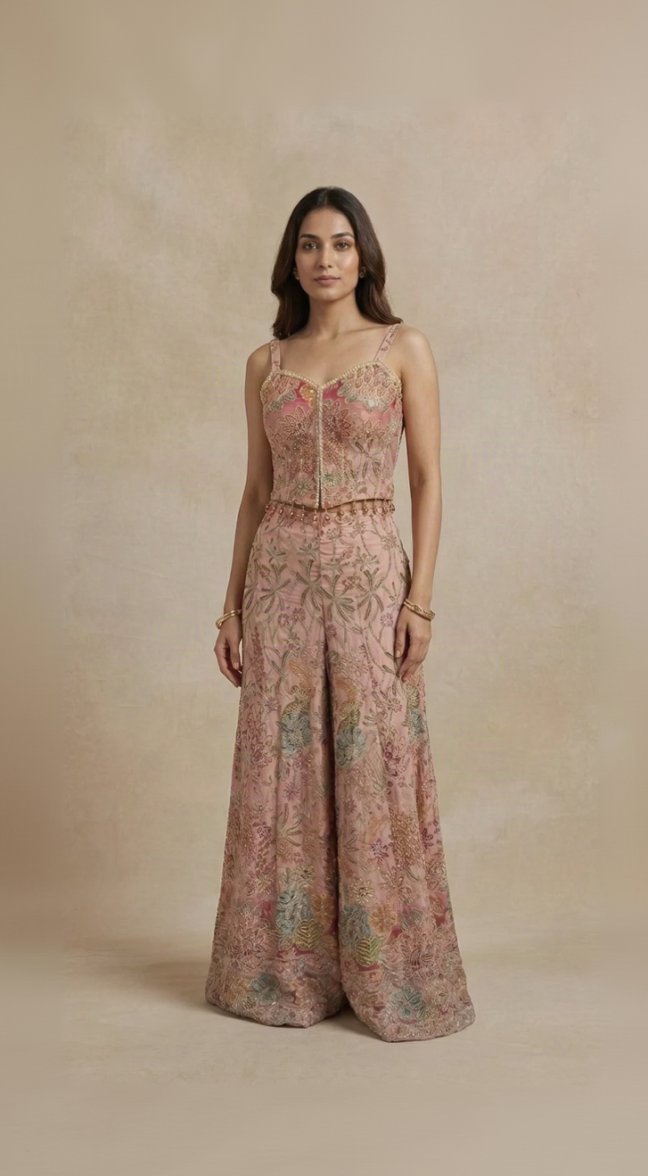 Pink printed corset sequins embroidered sharara set with intricate beadwork