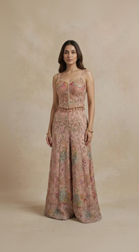 Pink printed corset sequins embroidered sharara set with intricate beadwork