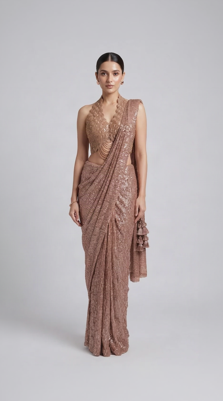 Gold embroidered halter neck ready-to-wear saree with pre-draped style