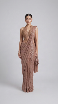 Gold embroidered halter neck ready-to-wear saree with pre-draped style