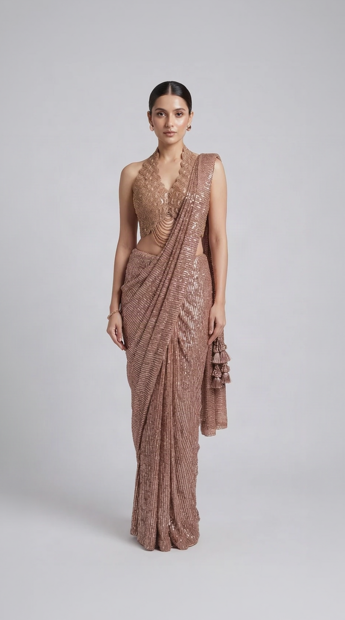 Gold embroidered halter neck ready-to-wear saree with pre-draped style
