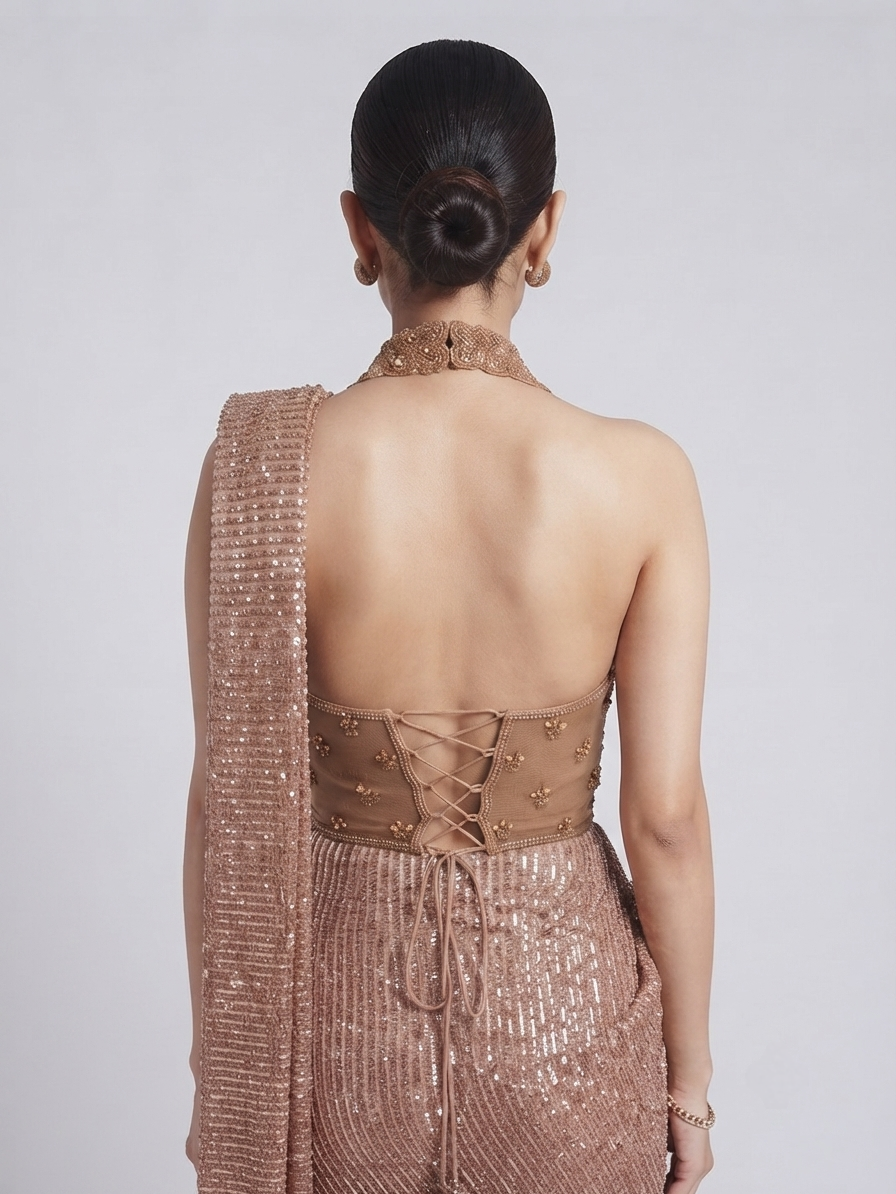 Gold pre-draped saree with cutdana sequins beads and stone embroidery