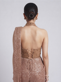 Gold pre-draped saree with cutdana sequins beads and stone embroidery