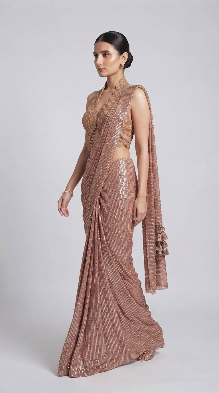 Front view of gold embroidered halter neck ready-to-wear saree