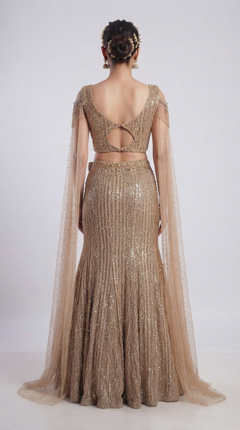Champagne designer fish cut lehenga set with embroidered blouse, sequin embellishments and elegant festive detailing