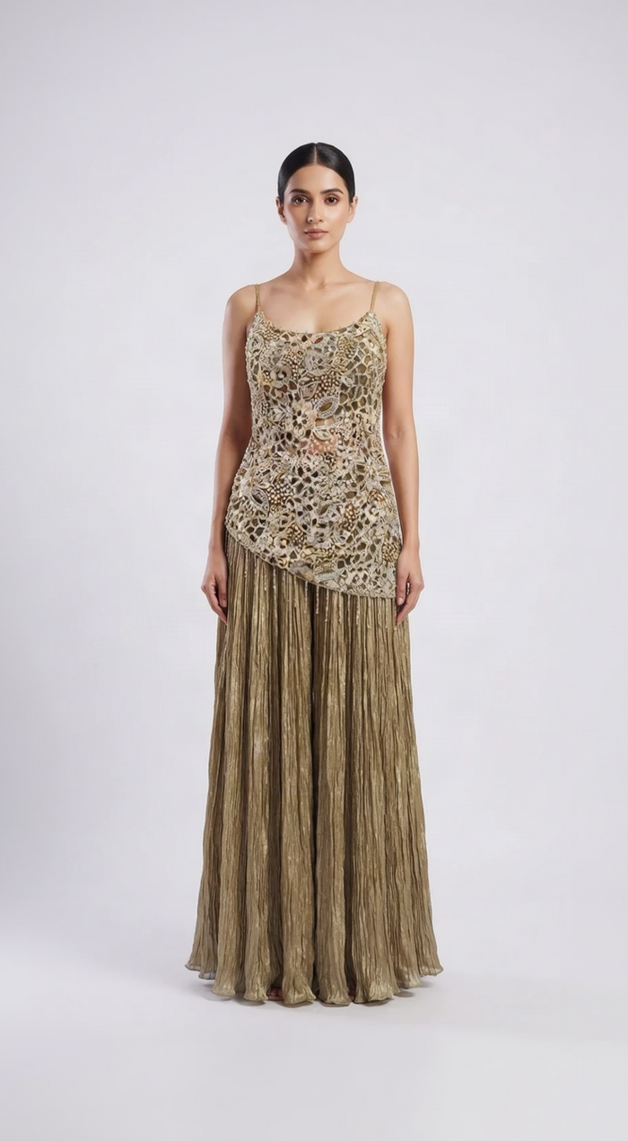 Olive green cutwork embroidered tissue sharara set with embellished blouse, sharara and dupatta