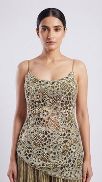 Olive green tissue sharara set featuring embellished blouse, embroidered sharara and matching dupatta