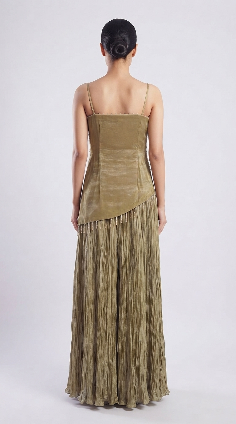 Olive green designer sharara set with sequin embroidery, stone embellishments and crystal tassel details